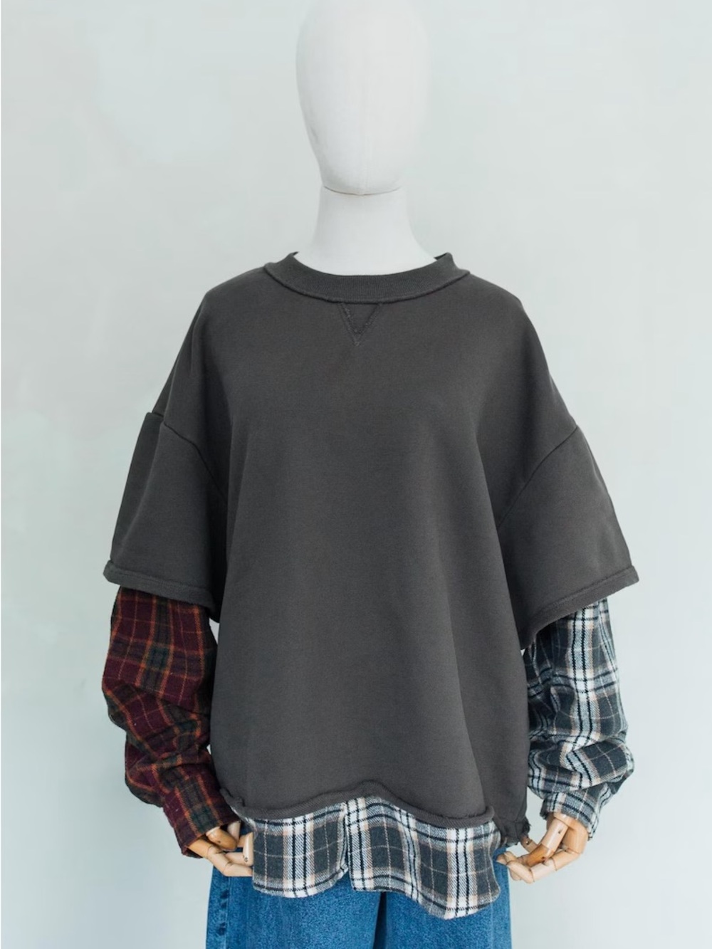 Layered Plaid Sleeve Crew Sweatshirt Gray Vintage Oversized by ArtcareShop